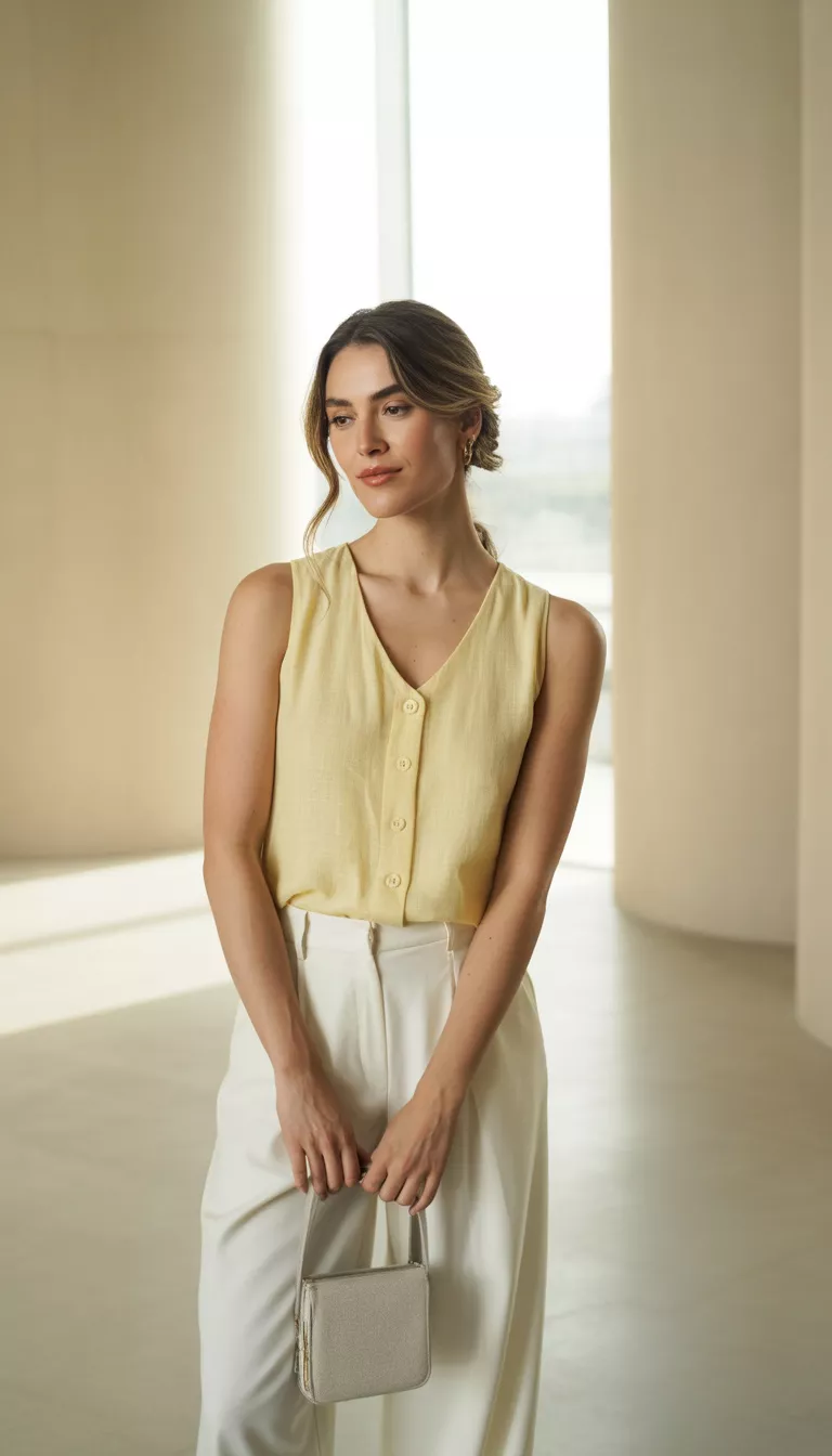 A beautiful woman in a pale yellow button front sleeveless top, white wide leg trousers, white pumps, and a light colored mini bag, posing in a minimalist sunlit interior.
