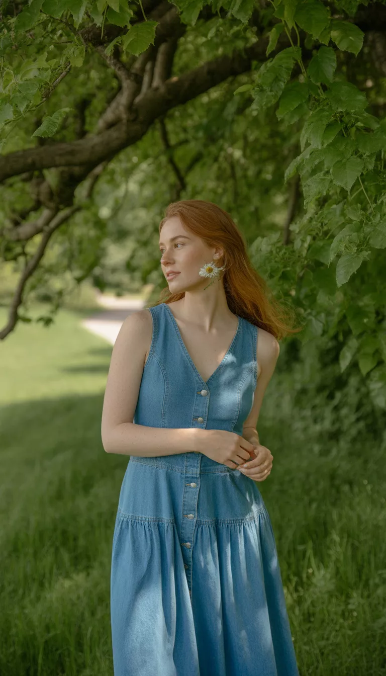 A beautiful woman in a sleeveless medium wash denim midi dress with silver buttons and a gathered skirt, standing in a lush green garden setting with natural sunlight filtering through the trees.
