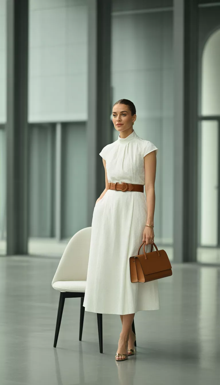 A beautiful woman in a crisp white midi dress with cap sleeves and a high neckline, a brown leather belt, and holding a structured brown handbag, standing in a clean modern architectural space.