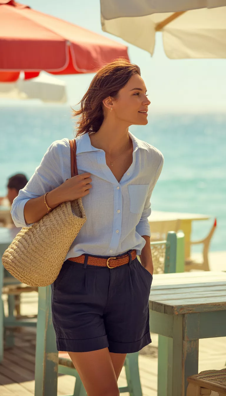 A beautiful woman in a light blue button down shirt tucked into dark navy linen shorts, wearing a brown leather belt and carrying a large straw bag, standing near a beachside cafe.