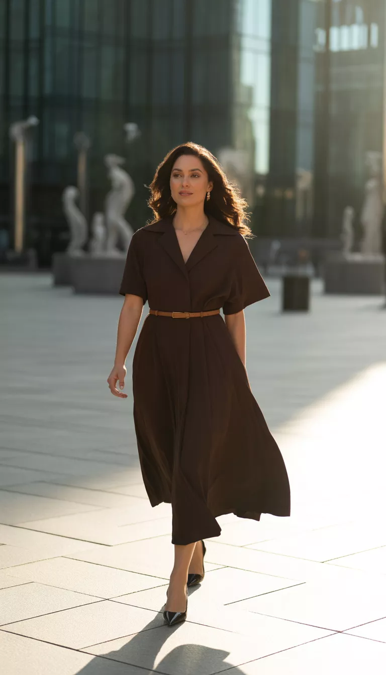 A beautiful woman in a flowing dark brown collared midi dress with short sleeves, a thin brown belt, and black pointed toe heels, walking confidently across a modern city plaza.