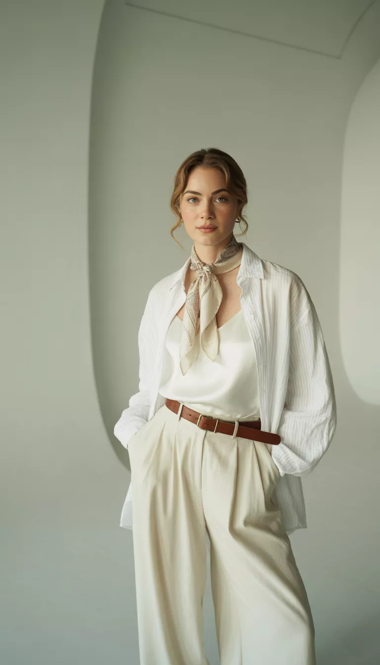 A beautiful woman in an open white button down shirt over a white blouse and wide leg white trousers, with a brown belt and a scarf detail, standing in a bright airy studio.