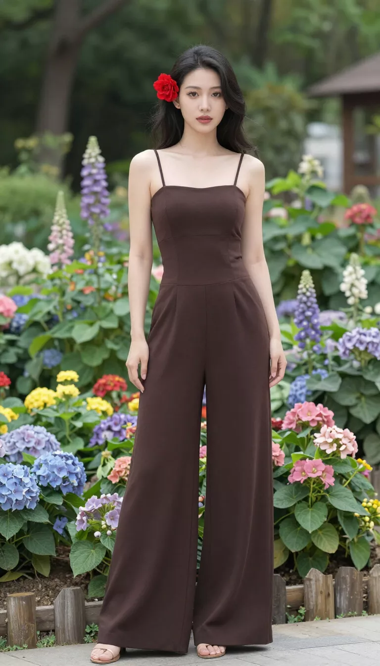 A beautiful woman in a dark brown wide leg jumpsuit with spaghetti straps, she has a bright red flower in her hair, and stands in a lush garden filled with colorful flowers.