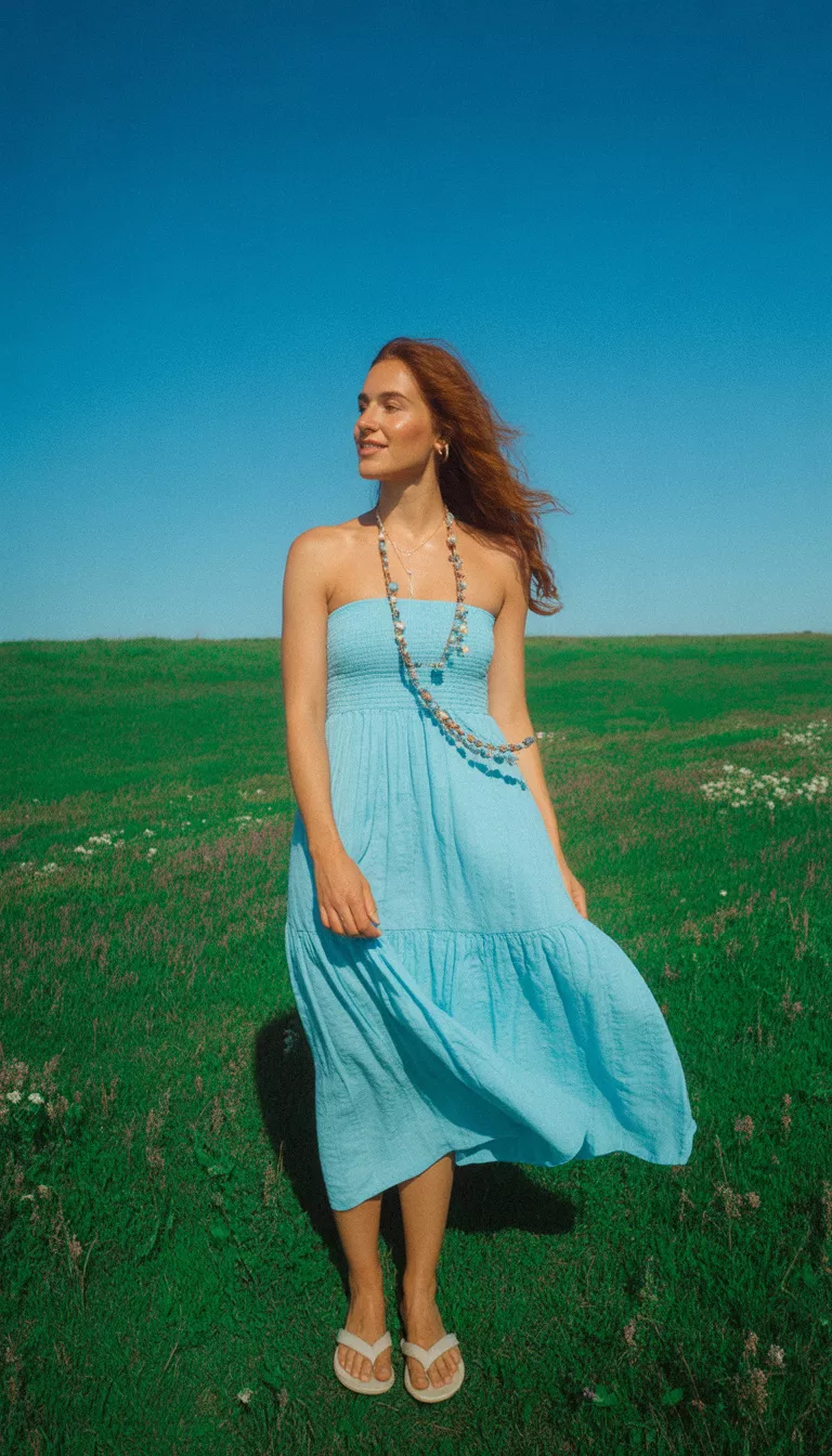 A beautiful woman in a light blue strapless midi dress with a gathered skirt, white flip flops, and a beaded necklace, standing in a lush grassy field under a clear blue sky.