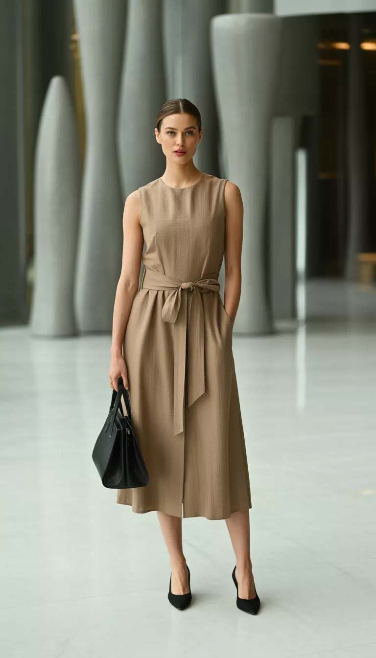 A beautiful woman in a sleeveless tan midi length dress with a matching fabric tie belt, black toed pumps, and a black leather handbag, standing in a modern minimalist lobby with elegant lighting.