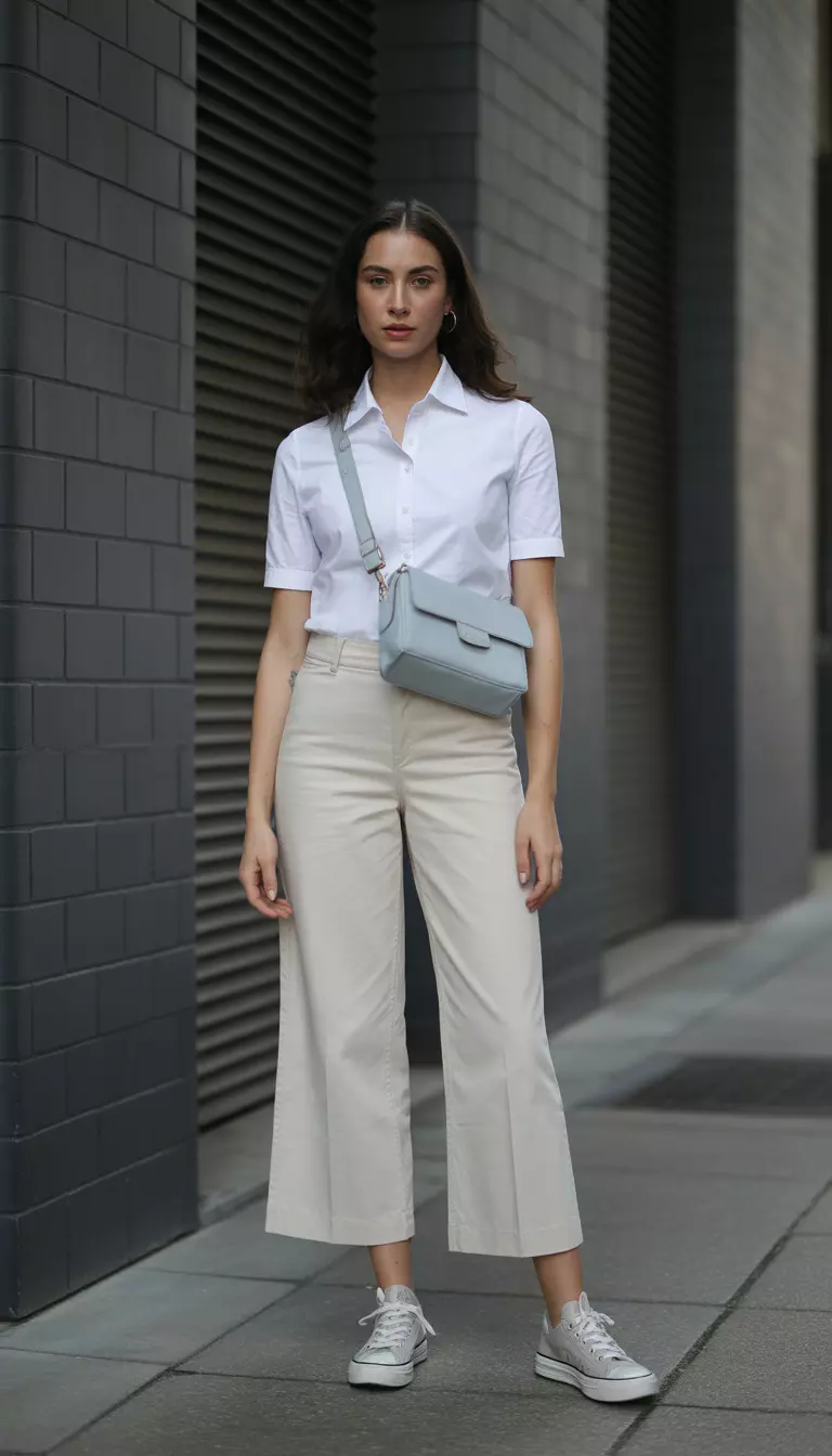 Cropped Trousers And Blue Accents A beautiful woman in a white collared short sleeve shirt, light beige cropped wide leg trousers, sneakers, and a light blue crossbody bag.
