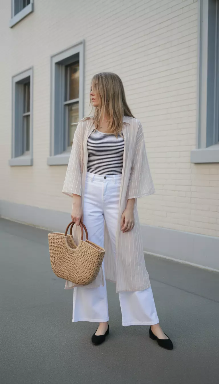 Sheer Layers And Straw Totes A beautiful woman in a striped shirt, a sheer light beige open cardigan with bell sleeves, white wide leg pants, and black flats, she carries a large straw tote bag.