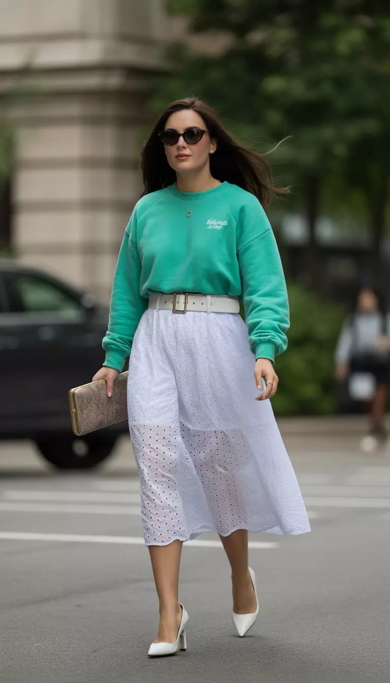 Teal Chic And Eyelet Textures A beautiful woman in a bright teal sweatshirt, a white eyelet midi skirt with a belt, dark sunglasses, and white pointed heels, she carries a patterned clutch while walking outdoors.