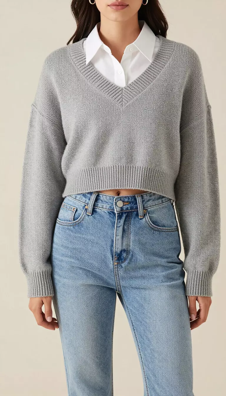 Sweater Vests For Bridge Biking A beautiful woman in light blue cropped jeans and a white collared shirt under a cropped oversized grey V neck sweater.