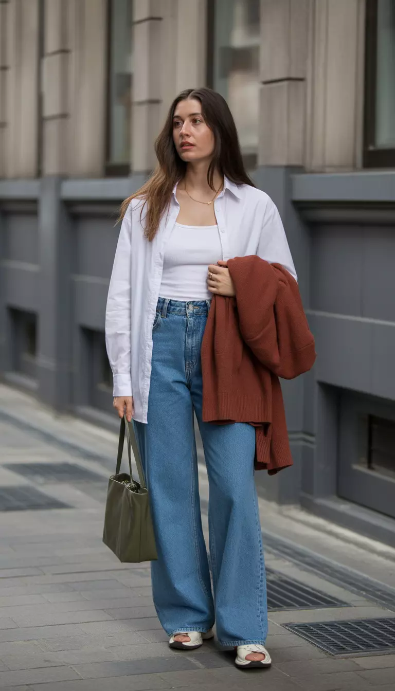 Reddish Brown Layers And Classic Denim A beautiful woman in a white button down shirt over a white top, wide leg blue jeans, and a reddish brown sweater draped over her shoulders, she carries an olive green bag.