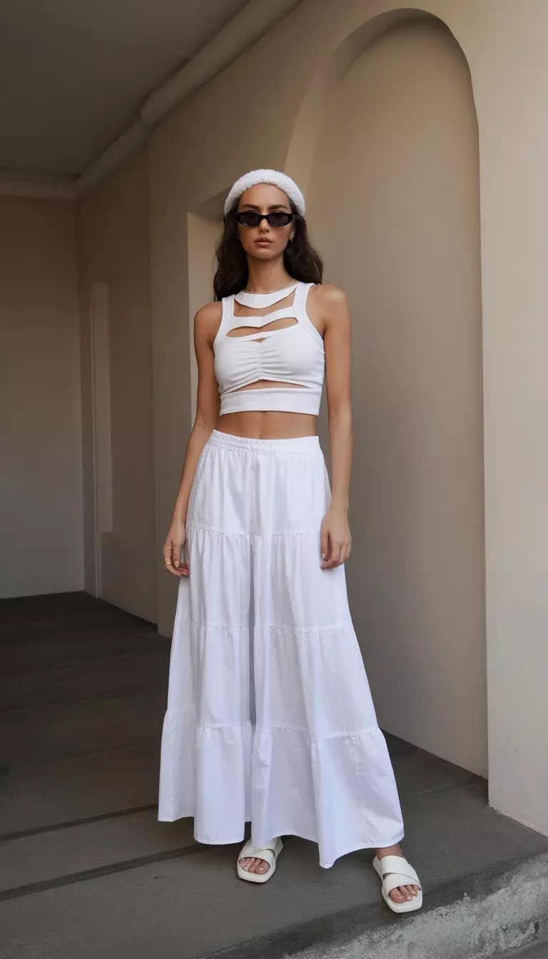 Monochrome Cutouts And Tiered Skirts A beautiful woman in an all white outfit consisting of a sleeveless top with cutout details and a long tiered skirt, she wears a white headband and dark sunglasses.