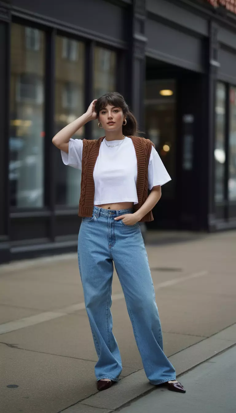 Knit Vests And Baggy Denim A beautiful woman in a white cropped t shirt with a brown knit vest over it, low slung baggy blue jeans, and dark flats, she poses on a city sidewalk.
