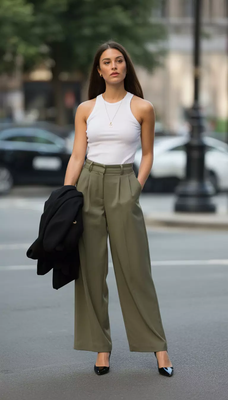 Olive Trousers And High City Style A beautiful woman in a white sleeveless top tucked into high waisted wide leg olive green trousers and black pointed heels, she carries a black jacket over her arm.
