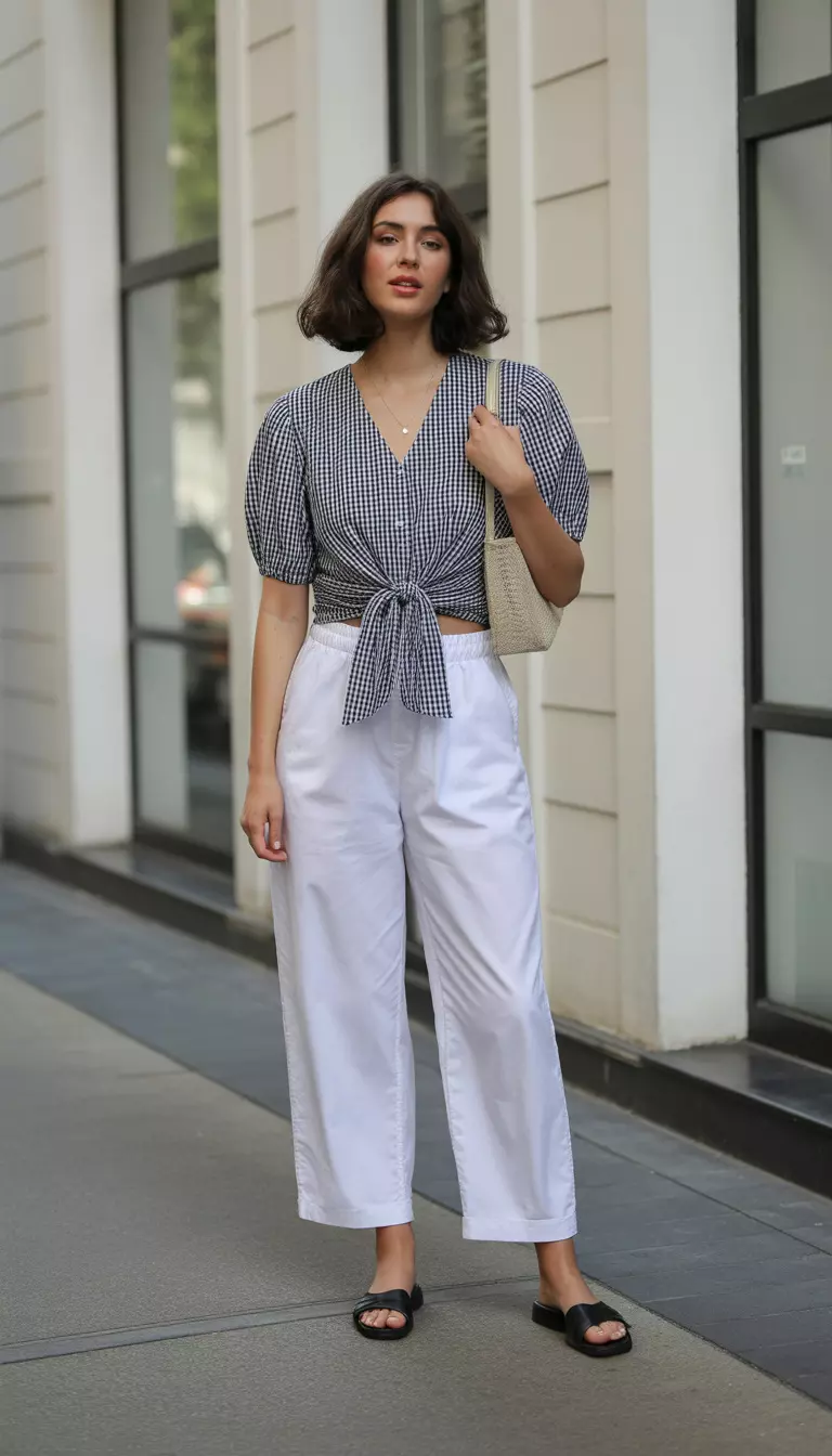 Gingham Ties And Loose Trousers A beautiful woman in a black and white gingham tie front short sleeve top, loose white trousers, and black flat sandals, she carries a small beige shoulder bag.