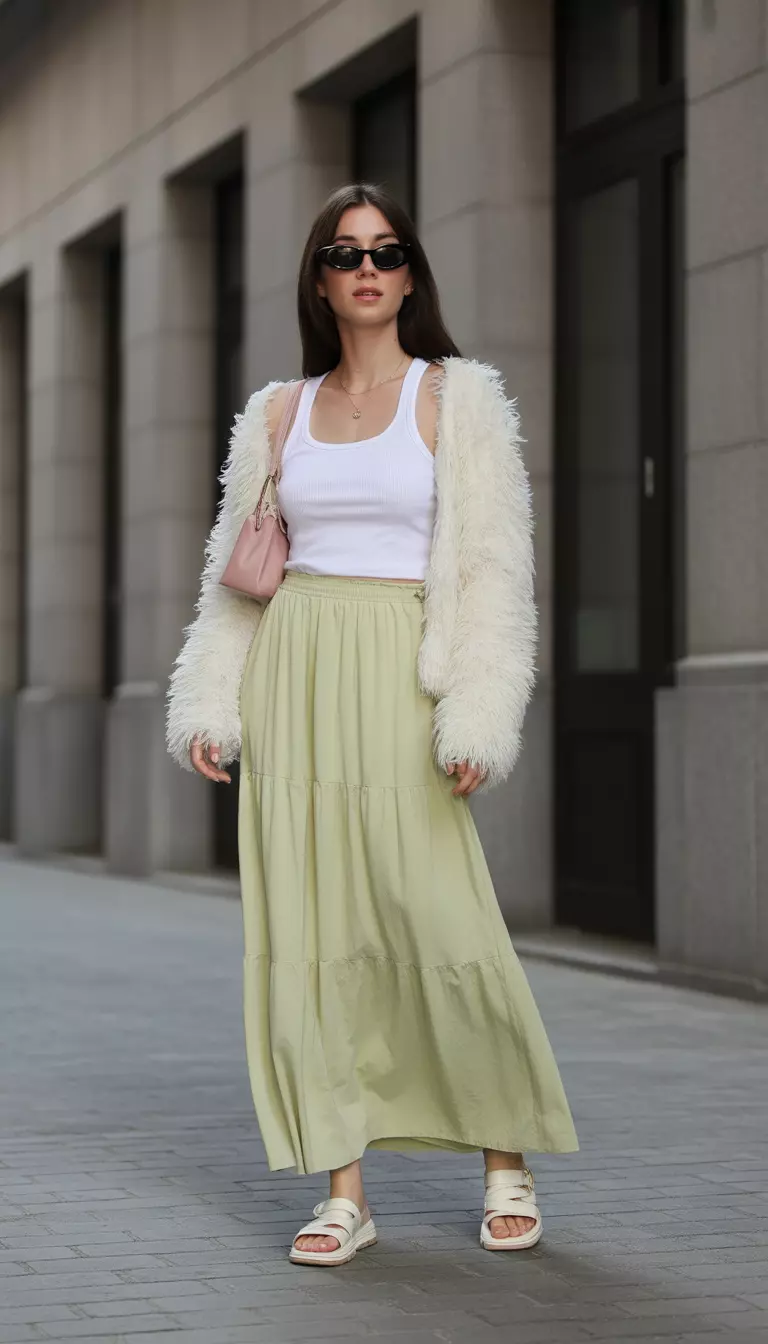Tiered Yellow And Fluffy Layers A beautiful woman in a white tank top, a pale yellow tiered maxi skirt, and a fluffy white cardigan, she wears dark sunglasses and carries a small pink shoulder bag.