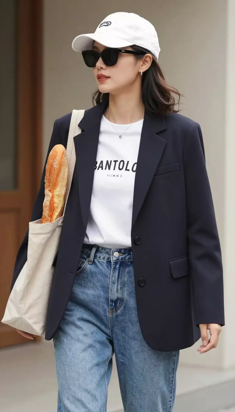 Graphic Tees And Dark Blazers A beautiful woman in blue jeans and a white graphic tee with a dark blazer over it, she wears a white baseball cap, sunglasses, and carries a large tote bag with bread.