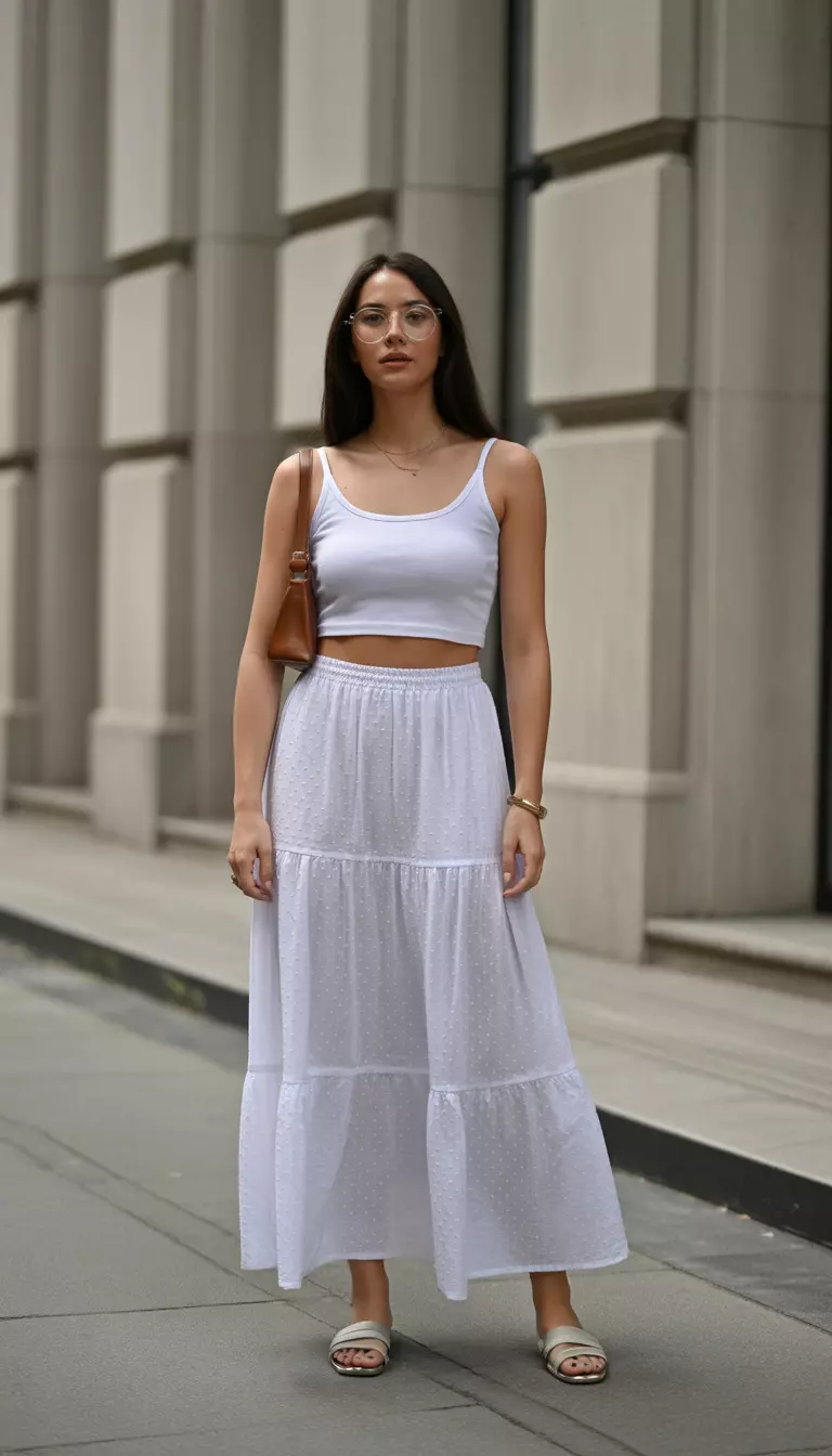 Cropped Camisoles And Tiered Maxis A beautiful woman in a white cropped camisole and a white tiered maxi skirt, she wears clear framed glasses and carries a brown shoulder bag.