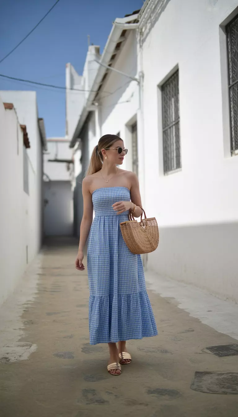 Gingham Dreams In White Alleys A beautiful woman in a blue and white gingham strapless maxi dress, gold flat sandals, and sunglasses, she carries a woven bag in a white washed alleyway.