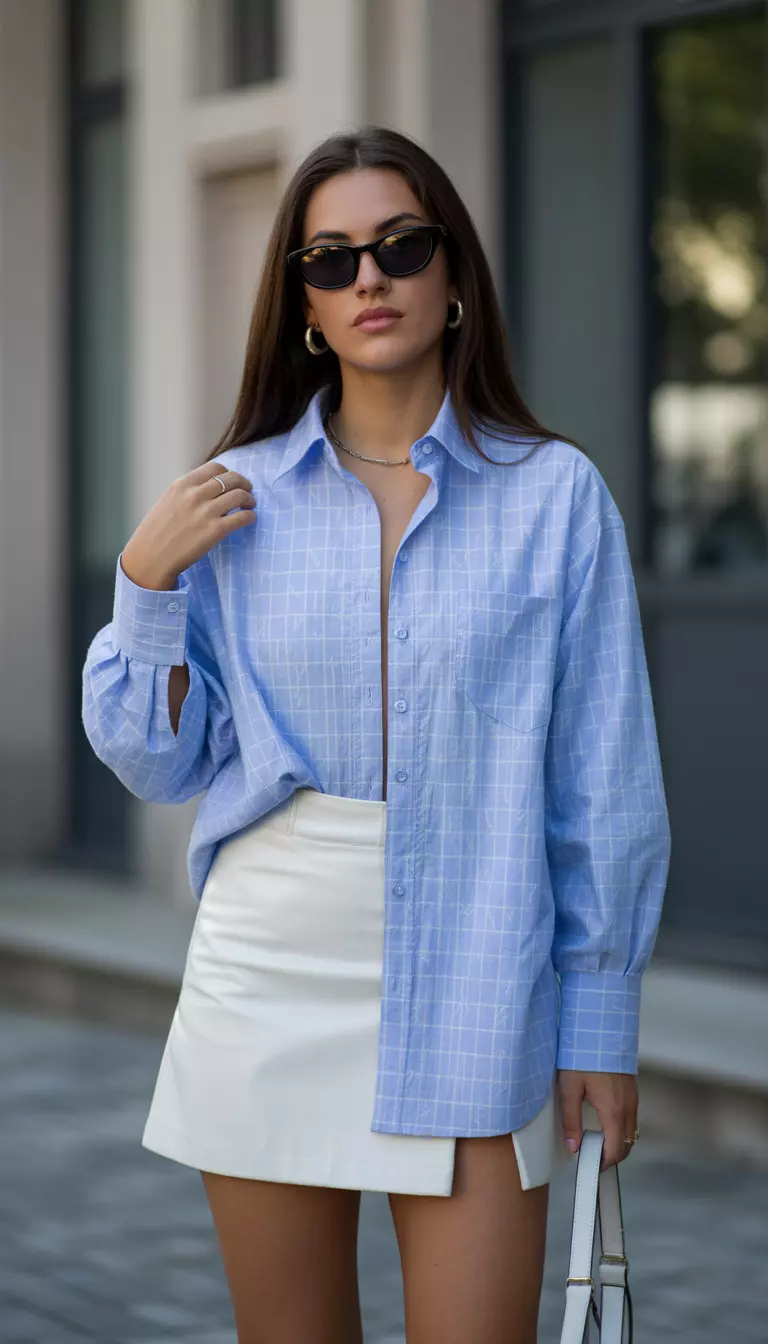 Patterned Oversized Button Downs A beautiful woman in a light blue patterned oversized button down shirt over a white mini skirt, she wears dark sunglasses and carries a white bag.