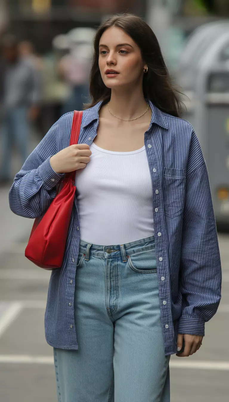 Striped Knits And Red Pops A beautiful woman in a white tank top under a navy and white striped button up cardigan, light wash relaxed fit jeans, and a red shoulder bag.