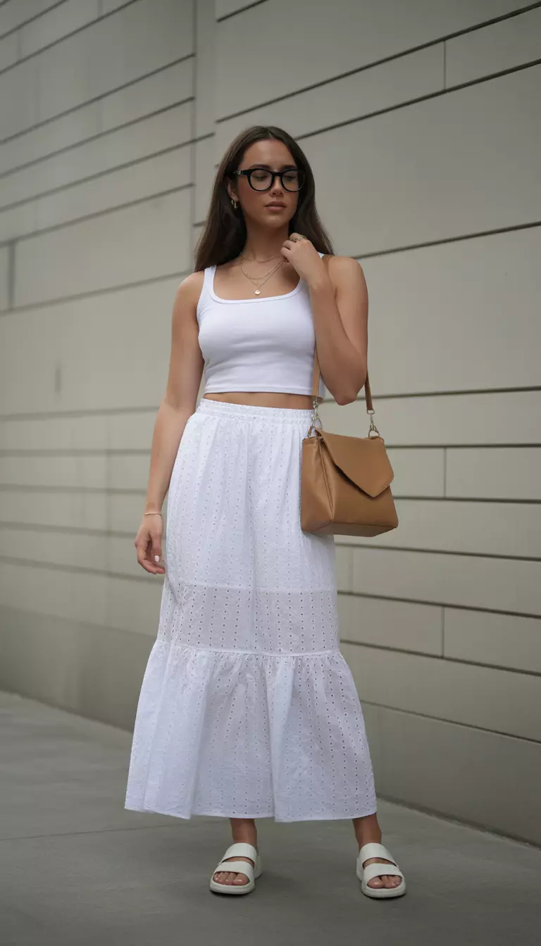 Tiered Eyelet And Double Tops A beautiful woman in a white tank top under a white strapless cropped top, a white tiered eyelet maxi skirt, black glasses, and a tan shoulder bag.
