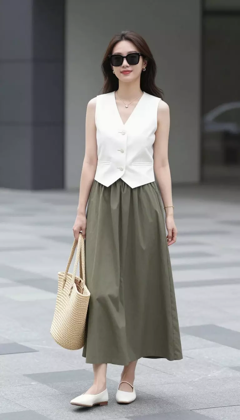 Cropped Vests And Olive Maxis A beautiful woman in a white sleeveless cropped vest, an olive green maxi skirt, white flats, sunglasses, and a straw colored tote bag.