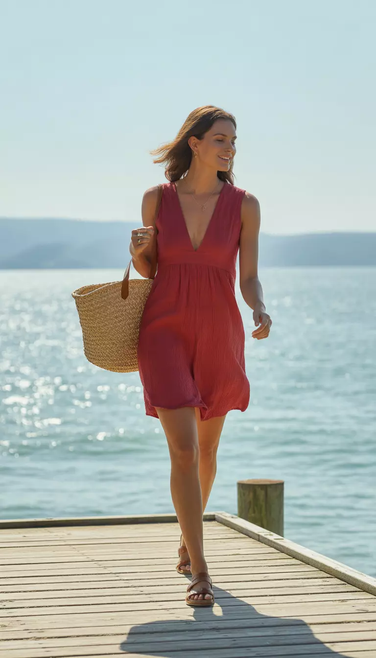 A realistic photo of a woman walking on a sunlit pier, wearing a plunging V-neck sleeveless red linen mini dress with brown leather sandals and carrying a large straw tote bag.