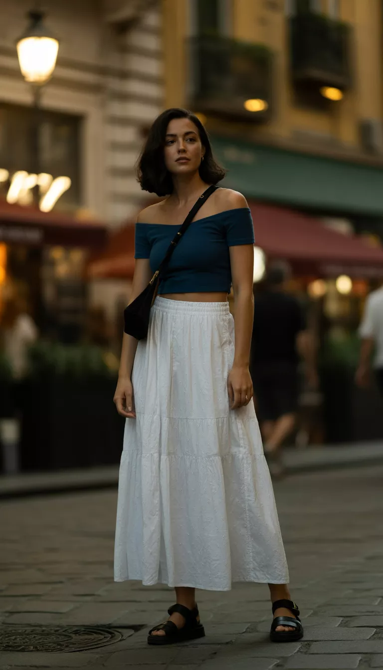 A realistic photo of a woman standing in an evening street wearing a dark blue off-the-shoulder crop top and a long tiered white cotton skirt, paired with black chunky sandals and a small black bag.