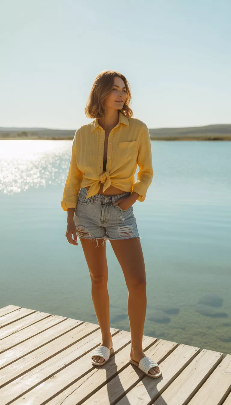 A realistic photo of a woman on a dock wearing a tied yellow button-down shirt over distressed light denim cut-off shorts and white flat slide sandals.