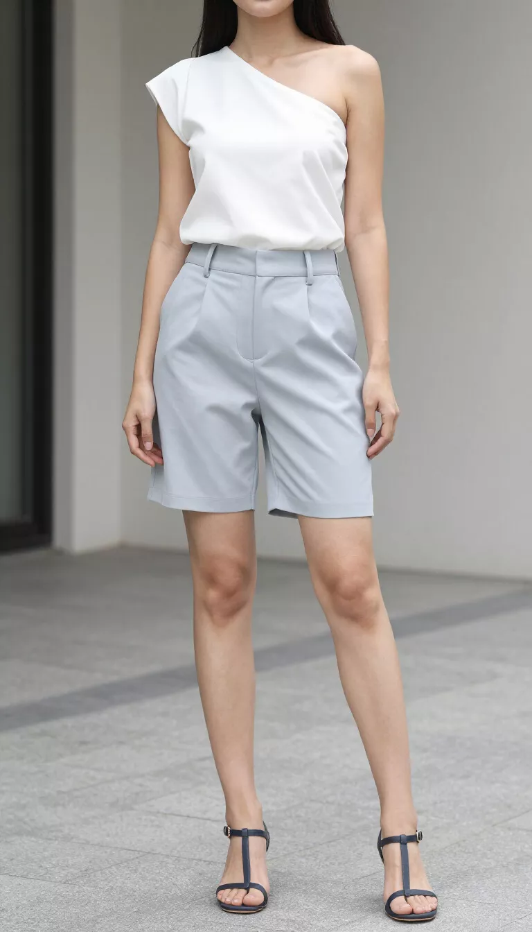 A realistic photo of a woman standing outdoors wearing a white asymmetrical one-shoulder top, light gray tailored shorts, and dark thong heeled sandals.