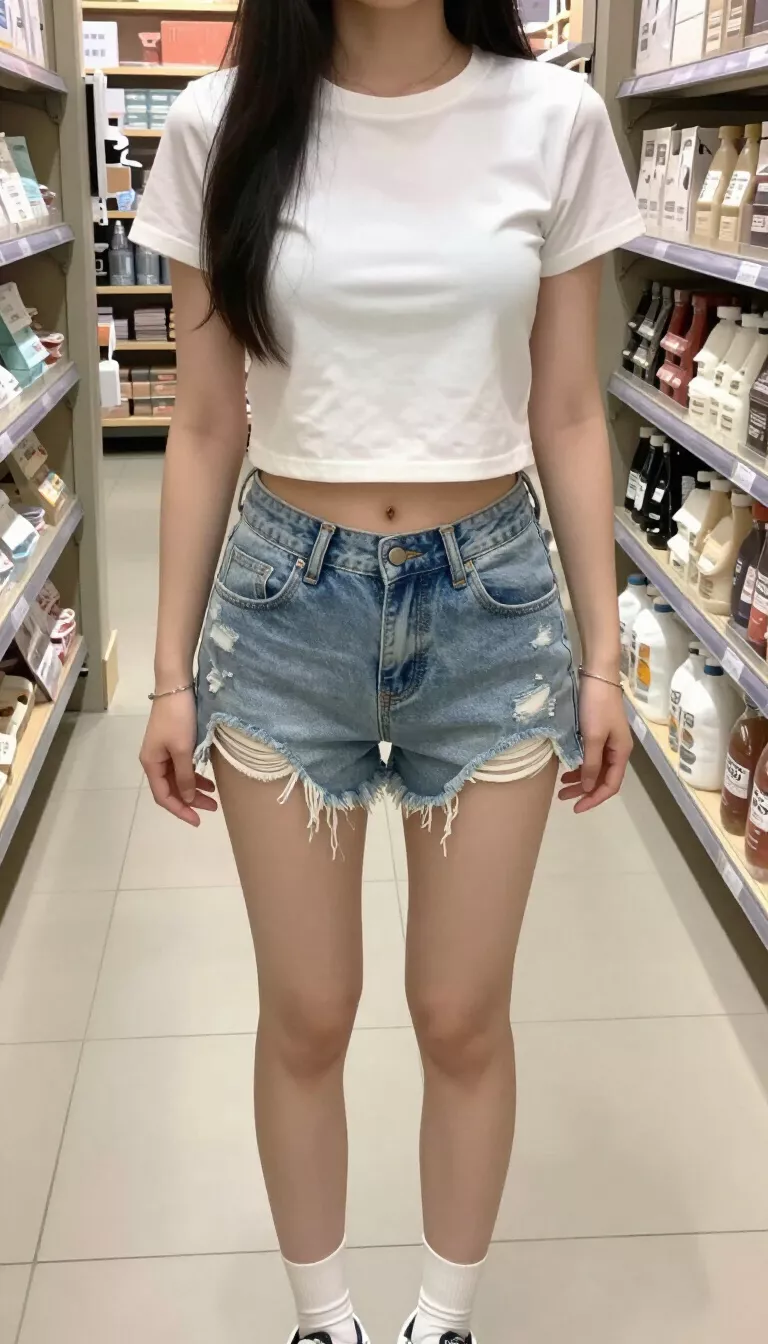 A realistic photo of a young woman in a store aisle wearing a white cropped t-shirt, very short light-wash distressed denim shorts, white socks, and sneakers.
