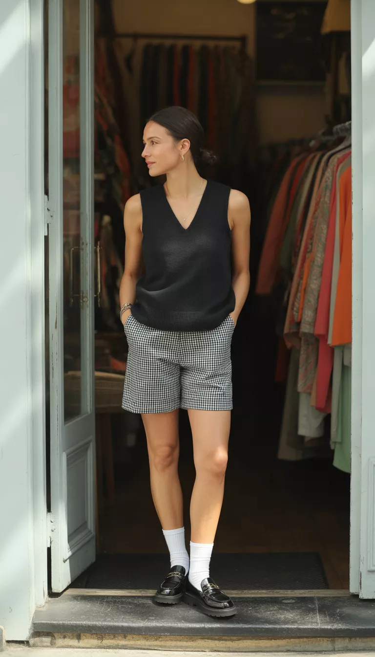 A realistic photo of a woman wearing a black V-neck vest over gingham print shorts, paired with white socks and black chunky loafers standing in a doorway.