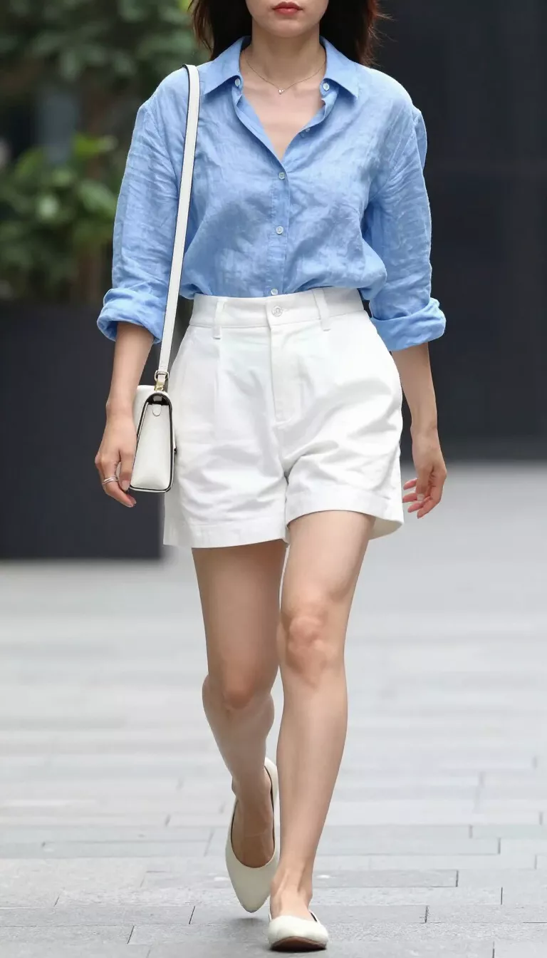 A realistic photo of a woman walking outdoors wearing a light blue linen shirt loosely buttoned at the waist over high-waisted white shorts, with a small white bag and flats.