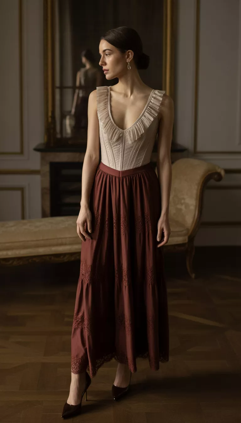 A realistic photo of a woman wearing a light beige ruffled V-neck corset top tucked into a long tiered dark red lace-trimmed skirt, accessorized with dark pointed-toe heels.