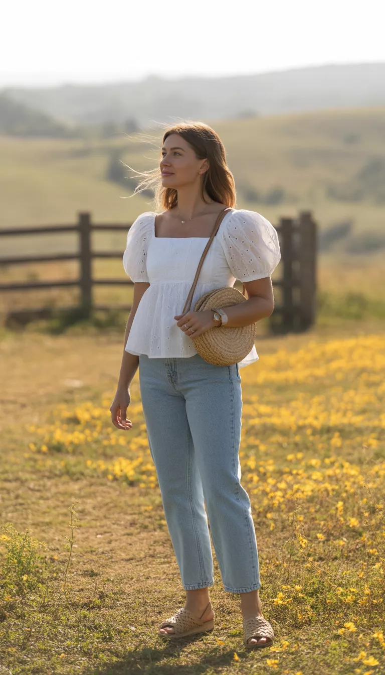 A realistic photo of a woman outdoors wearing a white eyelet puff-sleeve peplum top, light wash relaxed-fit jeans, beige woven sandals, and a round straw crossbody bag.