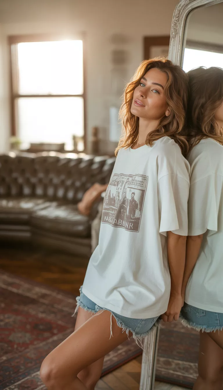 A beautiful woman in an oversized white graphic tee and distressed denim shorts, she poses in front of a mirror in a home with a leather sofa and rug.