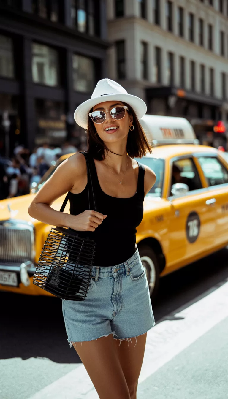 A beautiful woman in a black tank top, light wash cutoffs, a white fedora, sunglasses, and a black cage style handbag, she stands on a city street.