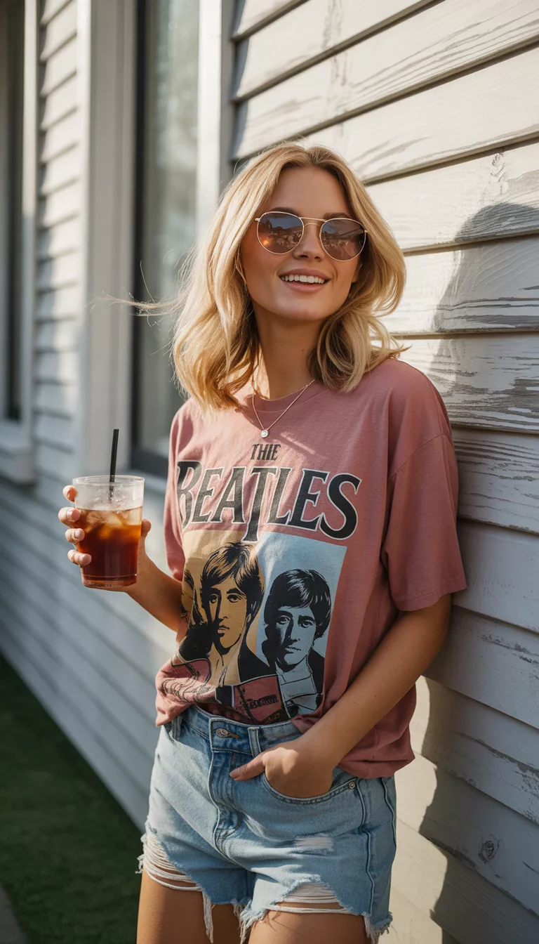 A beautiful blonde woman in a rose colored beatles graphic tee, distressed denim shorts, and large sunglasses, she holds an iced drink while standing against white wood siding.