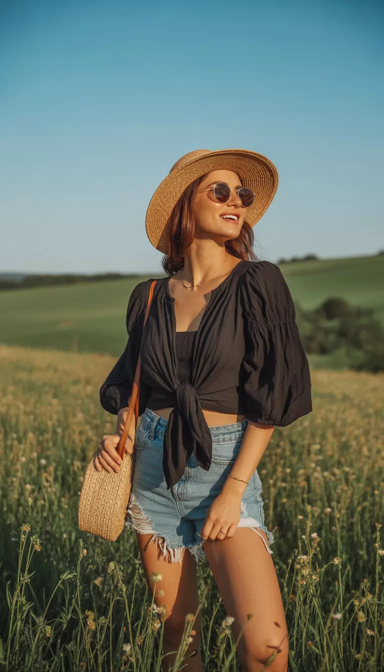 A beautiful woman in a straw hat and round sunglasses wearing a black tie front peasant top, distressed denim shorts, and carrying a round woven bag, she poses outside.