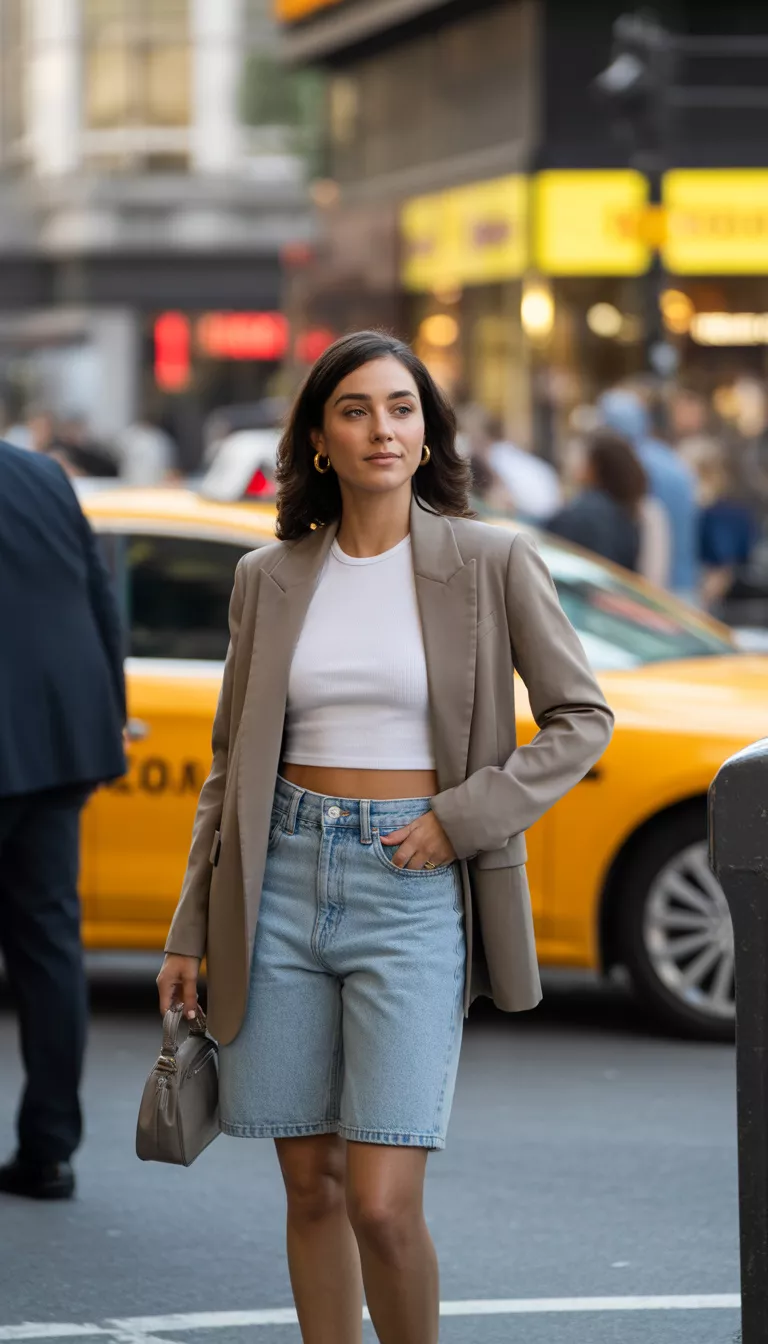 A beautiful woman in light wash denim bermuda shorts, a white crop top, and an unbuttoned taupe blazer, she holds a small grey handbag on a busy city sidewalk.