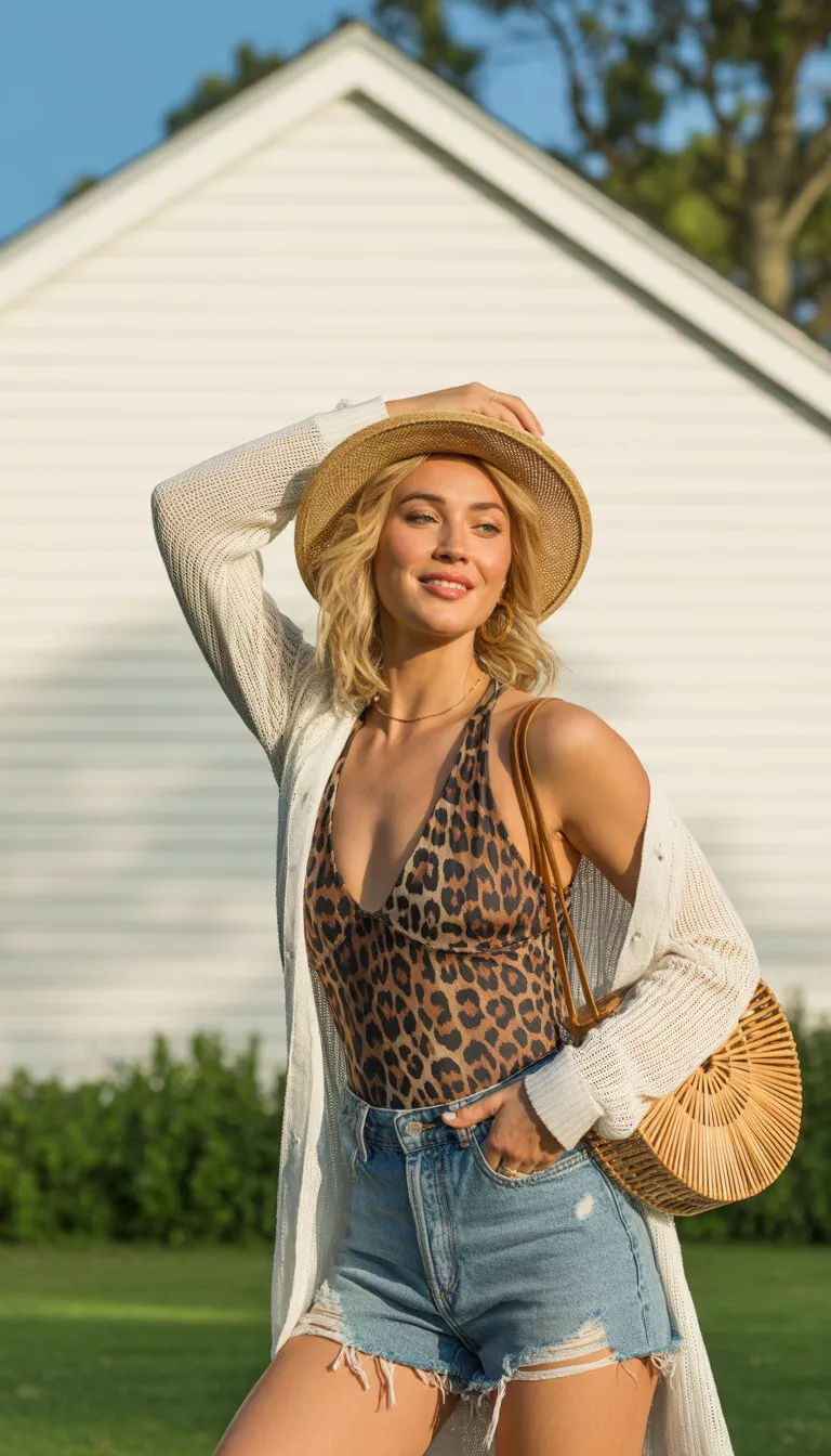 A beautiful woman in a leopard print one piece, distressed denim shorts, a light knit cardigan, a straw hat, and a woven round bag, she poses outdoors against white siding.