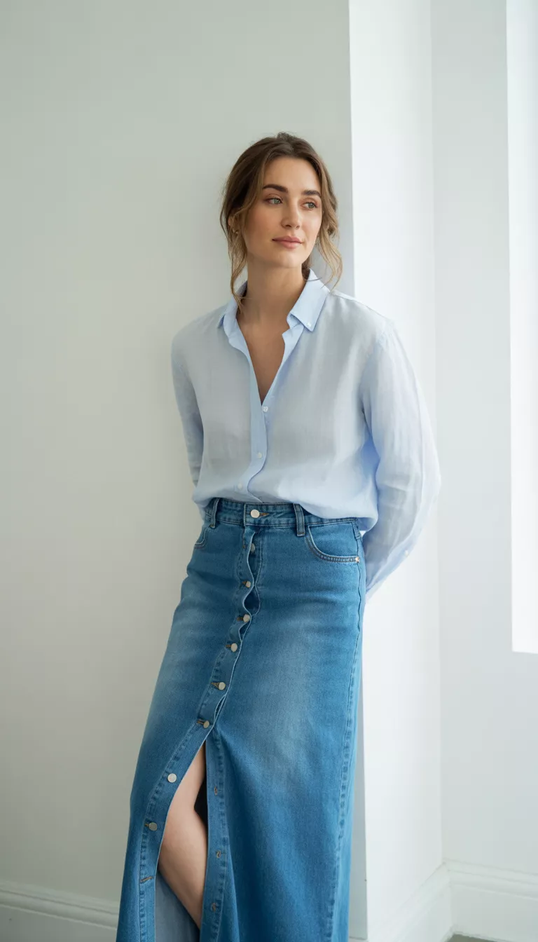 A beautiful woman in a light blue button-down shirt, medium-wash button-front denim maxi skirt with a front slit, white sneakers, standing against a white wall.