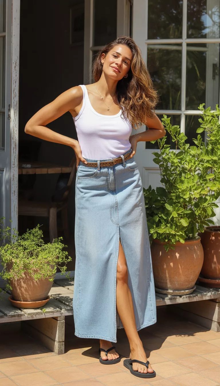 A beautiful woman in a white tank top, belted light wash denim maxi skirt with a front slit, black flip-flops, taking a mirror selfie on a patio.