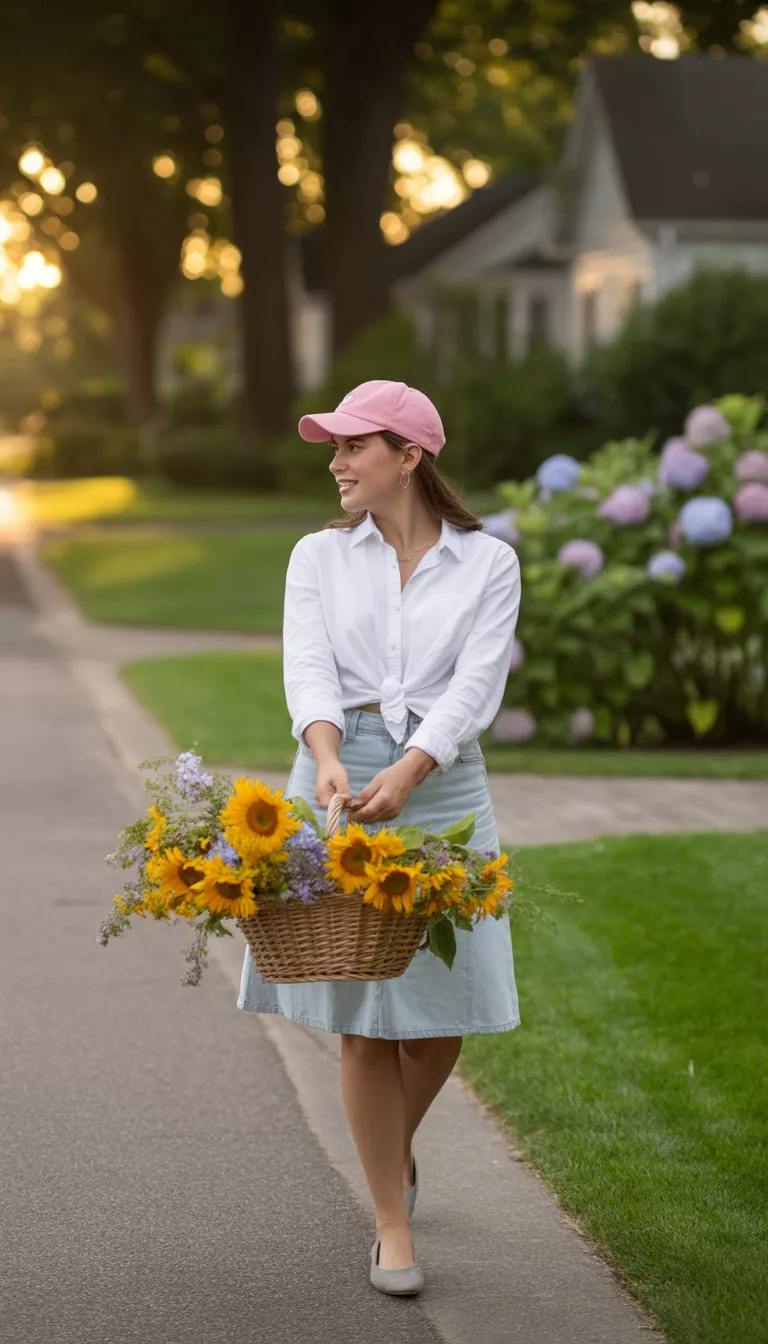 A beautiful woman in a white button-down shirt, light denim knee-length skirt, pink cap, grey flats, carrying a basket of flowers on a suburban street.