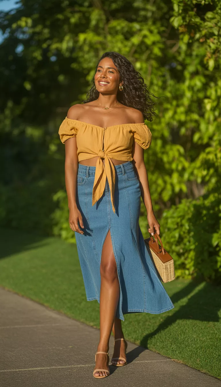 A beautiful woman in a mustard yellow tie-front off-the-shoulder crop top, denim midi skirt with a front slit, brown accessories, posing outdoors.