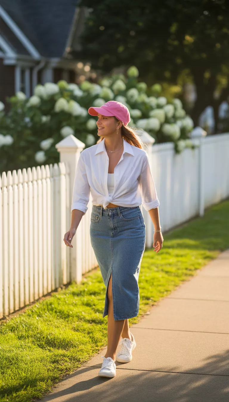 A beautiful woman in an open white collared shirt, medium-wash denim pencil skirt, pink baseball cap, casual shoes, walking past a white picket fence.