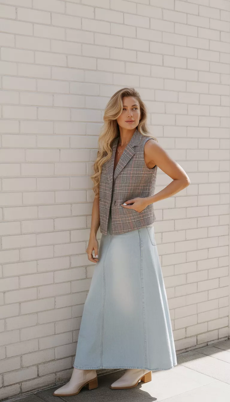 A beautiful woman with blonde hair in a plaid vest, light wash denim maxi skirt, light ankle boots, posing against a white brick wall.