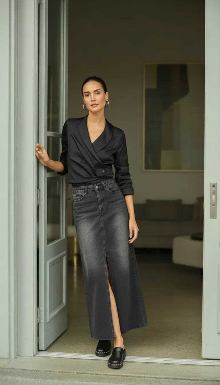 A beautiful woman in a black wrap top, dark denim front-slit maxi skirt, black clogs, standing in a doorway of a stylish interior.