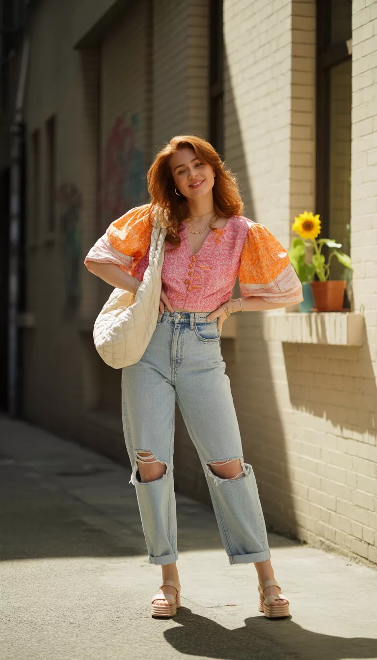 A realistic photo of a woman wearing a pink and orange patterned blouse with puffy sleeves tucked into ripped light-wash mom jeans, paired with high platform sandals and carrying a cream quilted bag.