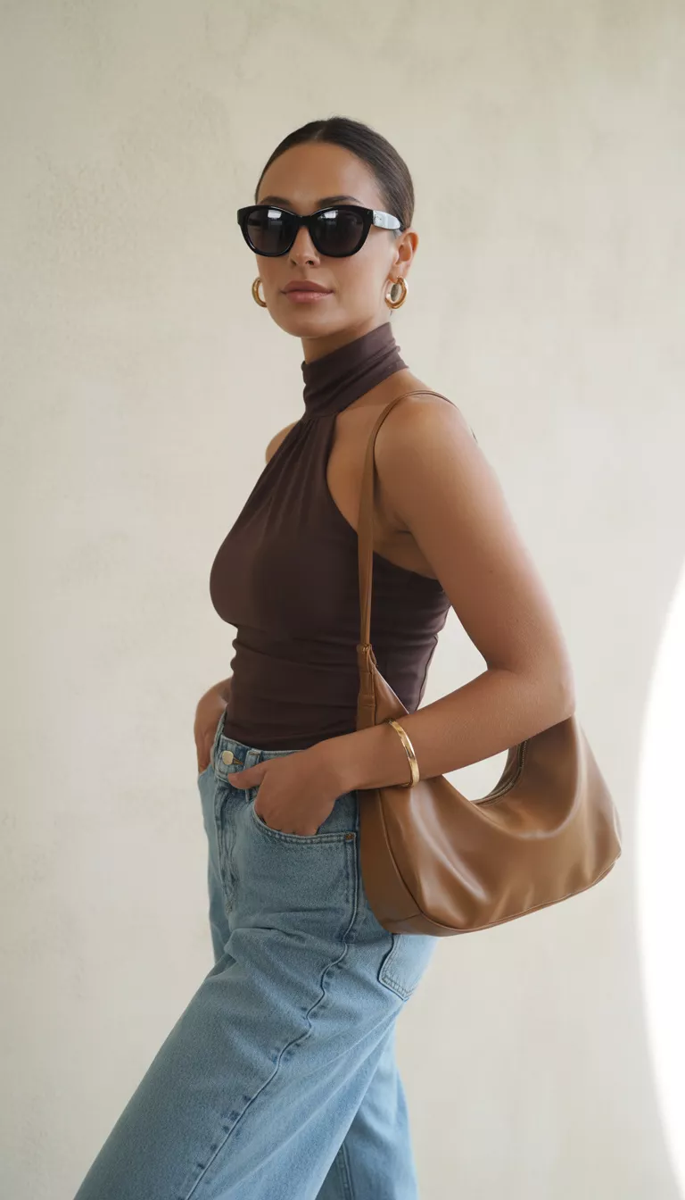 A realistic photo of a woman wearing a dark brown high-neck halter top tucked into light blue high-waisted wide-leg jeans, accessorized with sunglasses, a gold cuff, and a brown hobo bag in a minimalist setting.